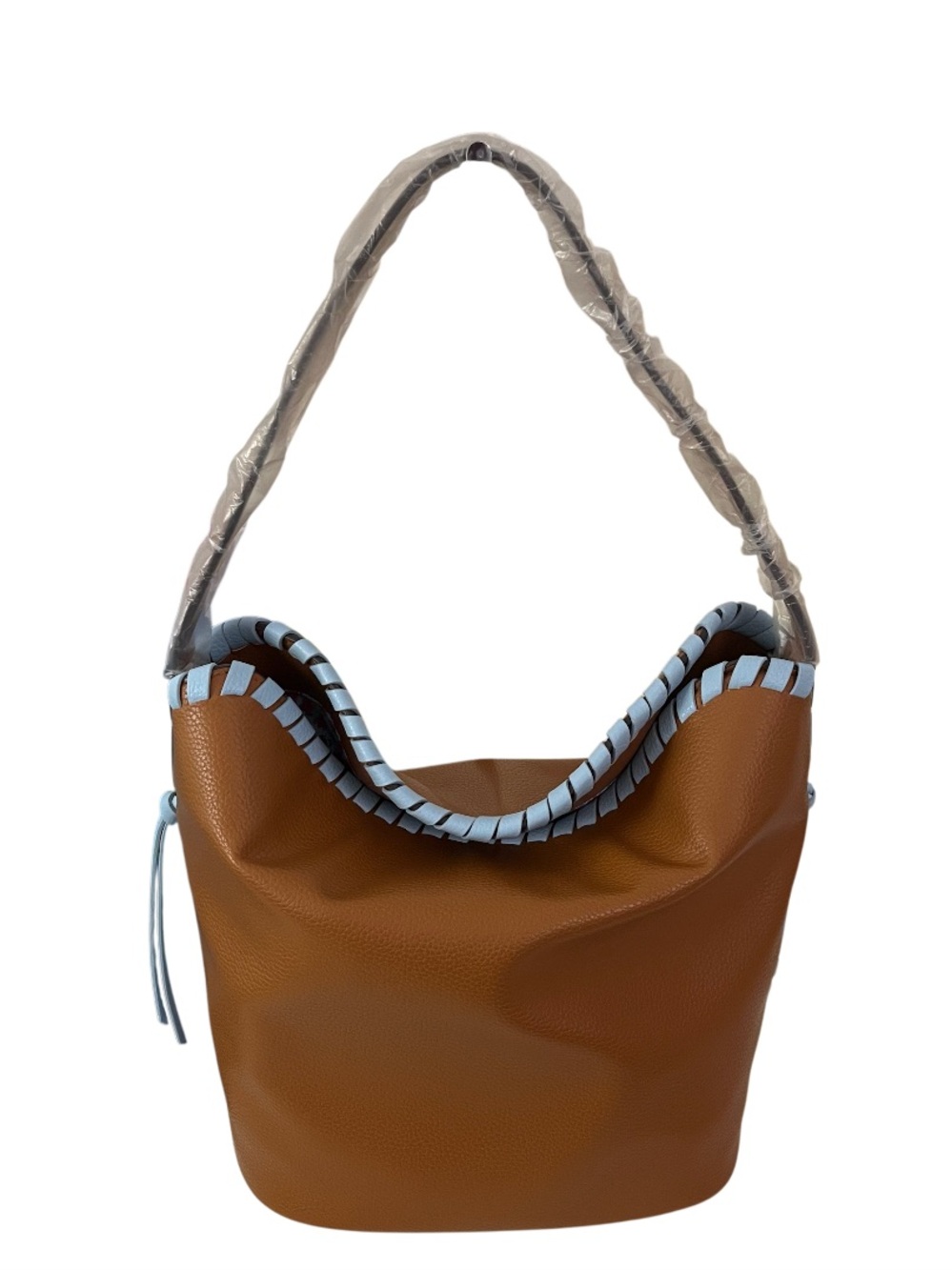 NWT Vera Bradley Faux Leather Hobo Slouchy Bucket Shoulder Bag Tan/Light Blue